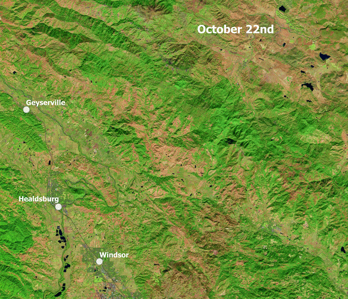 GIF of Sentinel-2 data showing the expanding fire over the course of 9 days